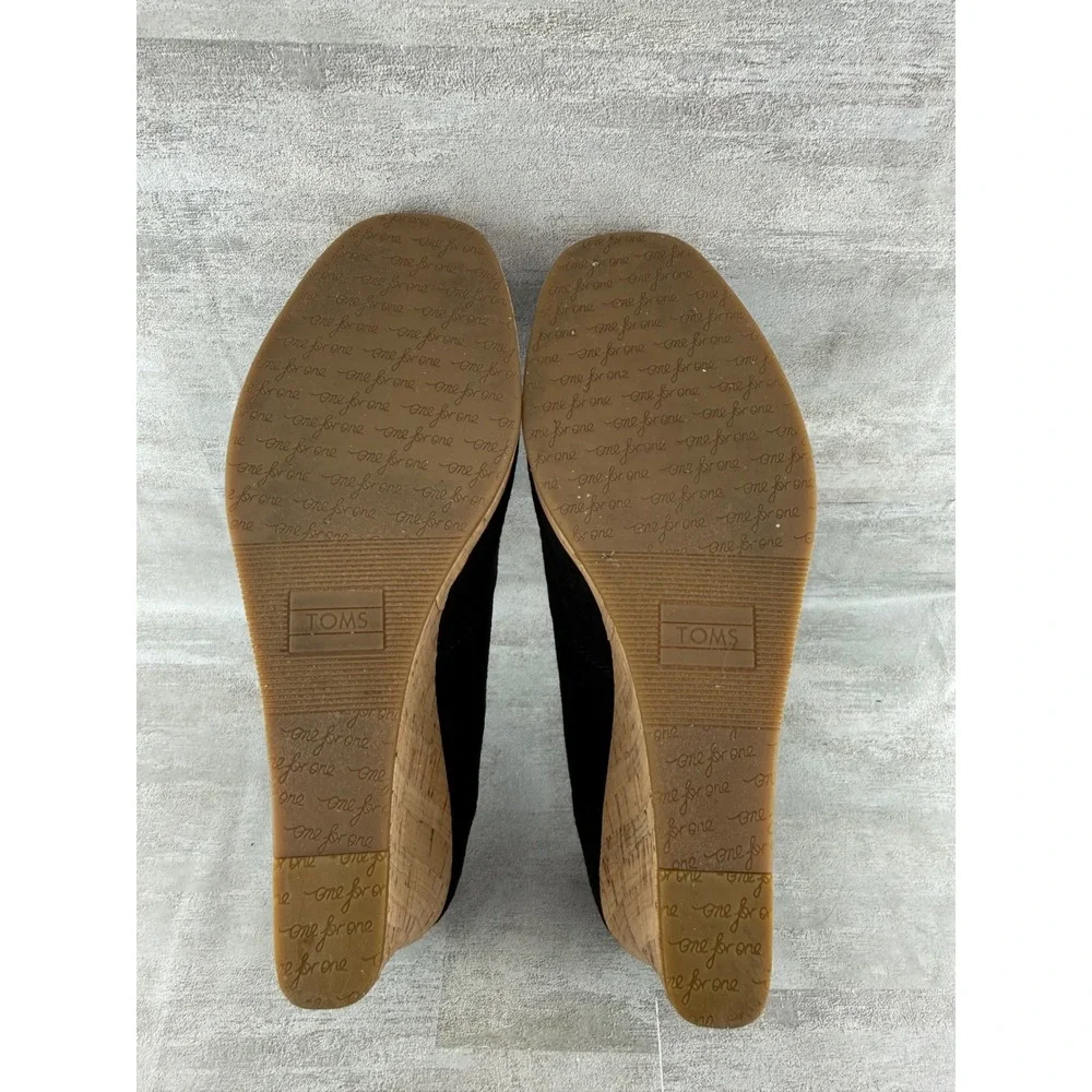 TOMS Women Black Canvas Peep Toe Cork Wedge Sandals Platform Shoes Sz 9.5